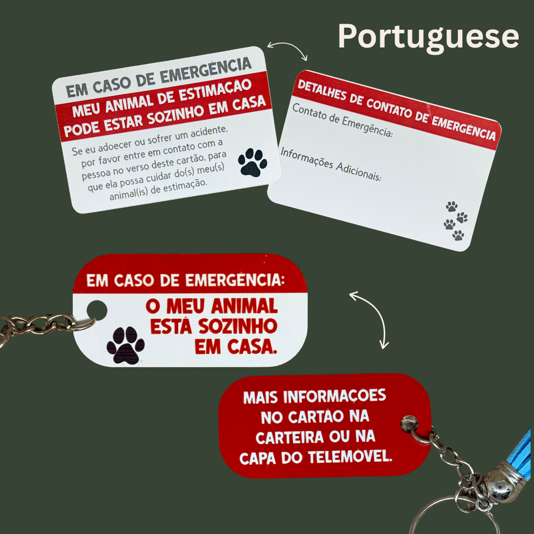 Notfall-Schlüsselanhänger für Haustierbesitzer – "Mein Haustier ist alleine zuhause" – mit Notfallkarte | DE/EN/PT