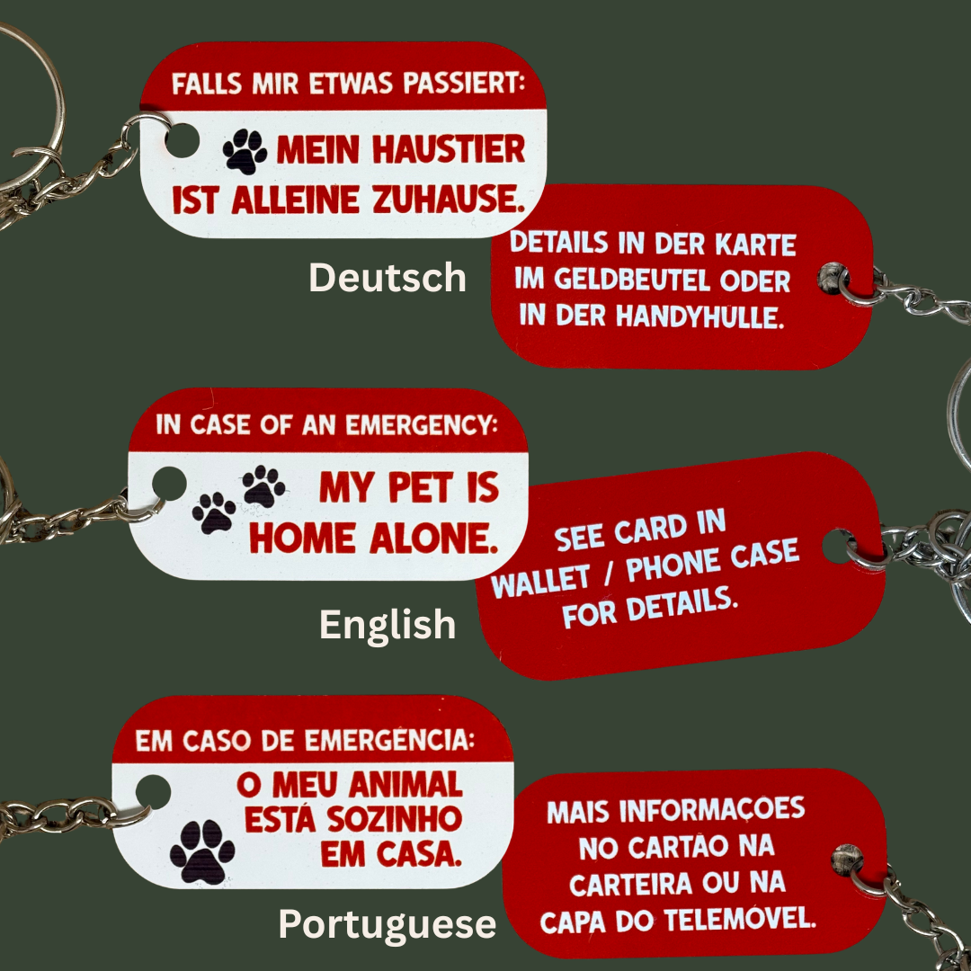 Notfall-Schlüsselanhänger für Haustierbesitzer – "Mein Haustier ist alleine zuhause" – mit Notfallkarte | DE/EN/PT