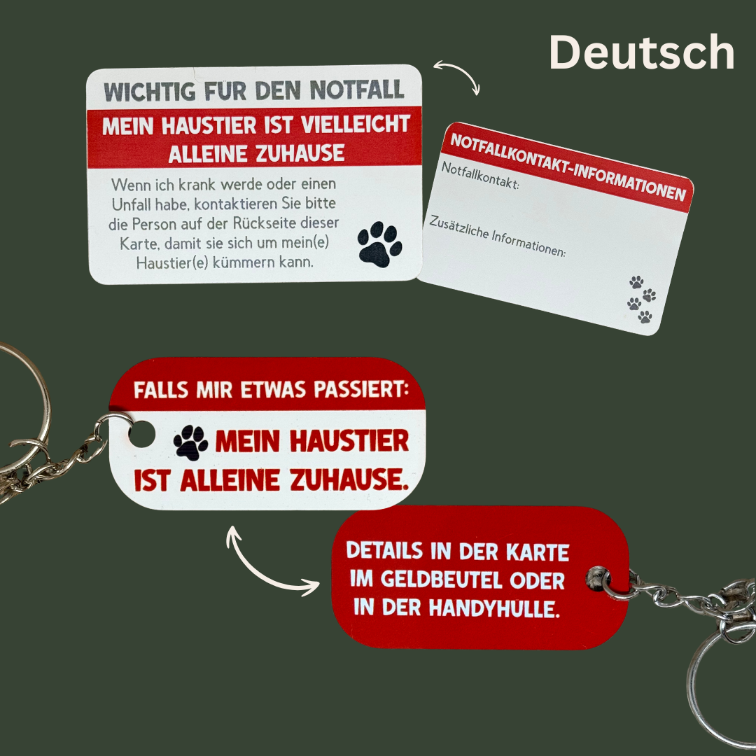 Notfall-Schlüsselanhänger für Haustierbesitzer – "Mein Haustier ist alleine zuhause" – mit Notfallkarte | DE/EN/PT