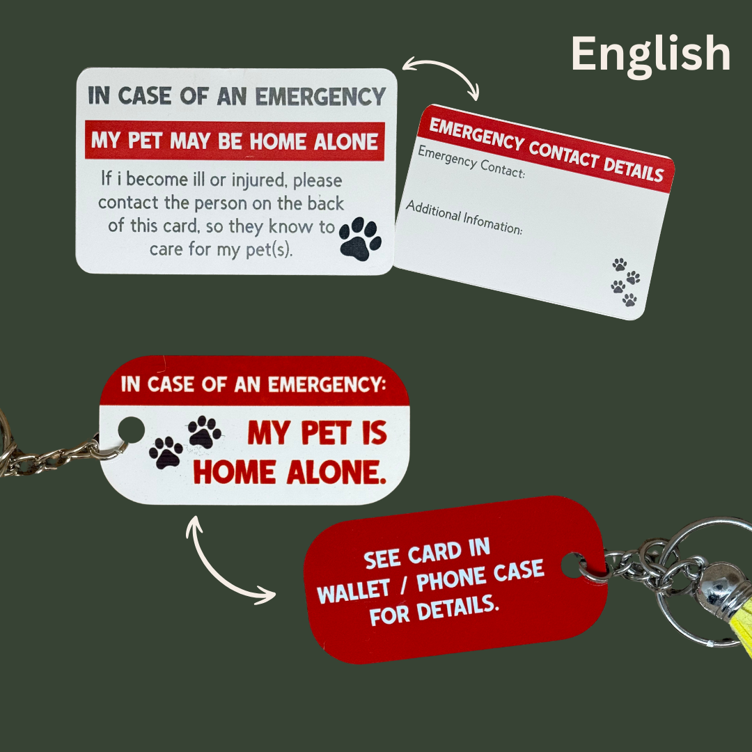 Notfall-Schlüsselanhänger für Haustierbesitzer – "Mein Haustier ist alleine zuhause" – mit Notfallkarte | DE/EN/PT